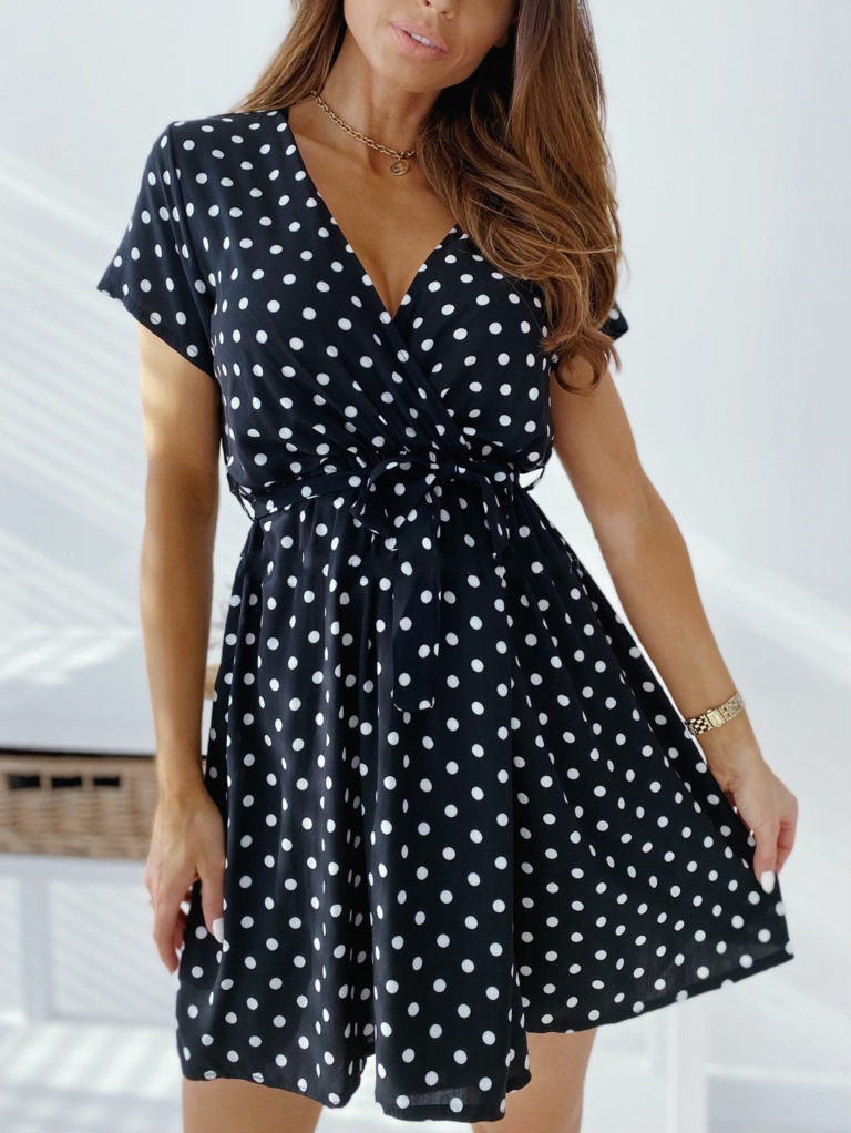 V-neck lace-up polka-dot printing short dress  NSYD48283