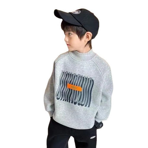 Children's Fleece Sweatshirt 2024 New Winter Boys One-Piece Fleece Casual Half-Neck Medium and Large Children Korean Style Base Shirt