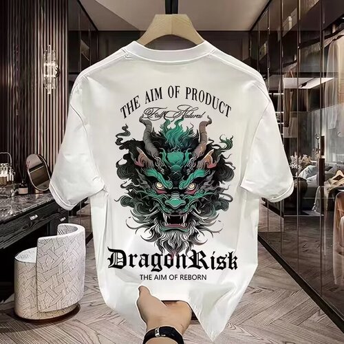 Summer Heavyweight Pure Cotton Short Sleeve T-Shirt for Men, Trendy Brand, Ins Inspired Loose Casual Crew Neck Printed Top, Hong Kong Style Fashion Half Sleeve T-Shirt