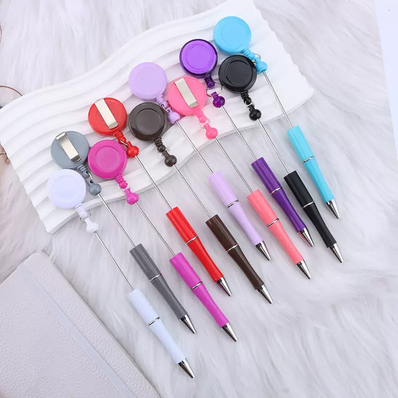 跨境diy易拉扣串珠笔 伸缩医生护士胸牌证易拉得拉线扣塑料圆珠笔