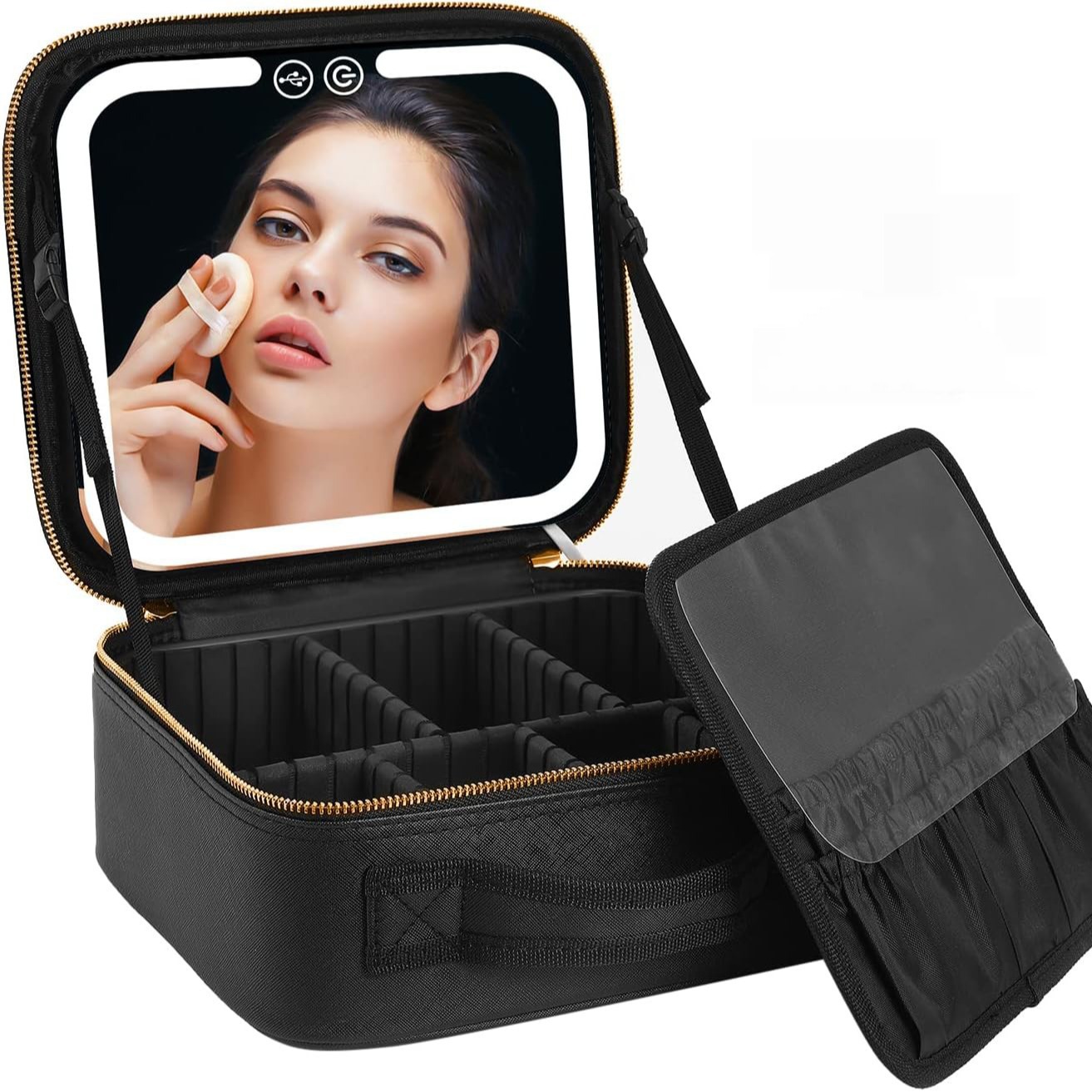 化妆包带镜子带LED大容量便携式化妆包高颜值灯带镜子化妆品收纳