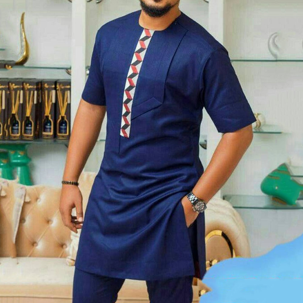 Set da uomo normale con colletto ribaltabile blu slim fit in cotone solido per la gioventù musulmana in cotone solido stile etnico_voghion.com