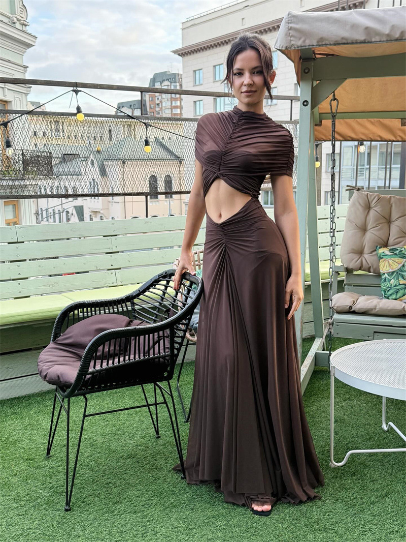 Women's Sexy Hollow Out Short Sleeve Mock Neck Ruched High Waist Floor Length Maxi Dress – Trendy Club Gown_ecoleips.com