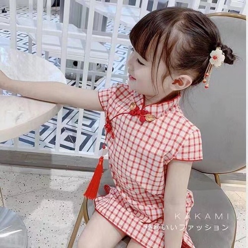 Baby cheongsam summer 2022 new girls plaid children's style Hanfu baby Chinese style cheongsam dress