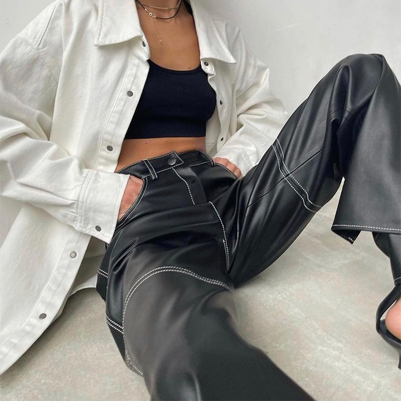 Autumn European and American Style Women's Pu Leather Pants, High-Waisted, Slim-Fit, Straight-Leg Casual Long Pants, Trendy and Versatile
