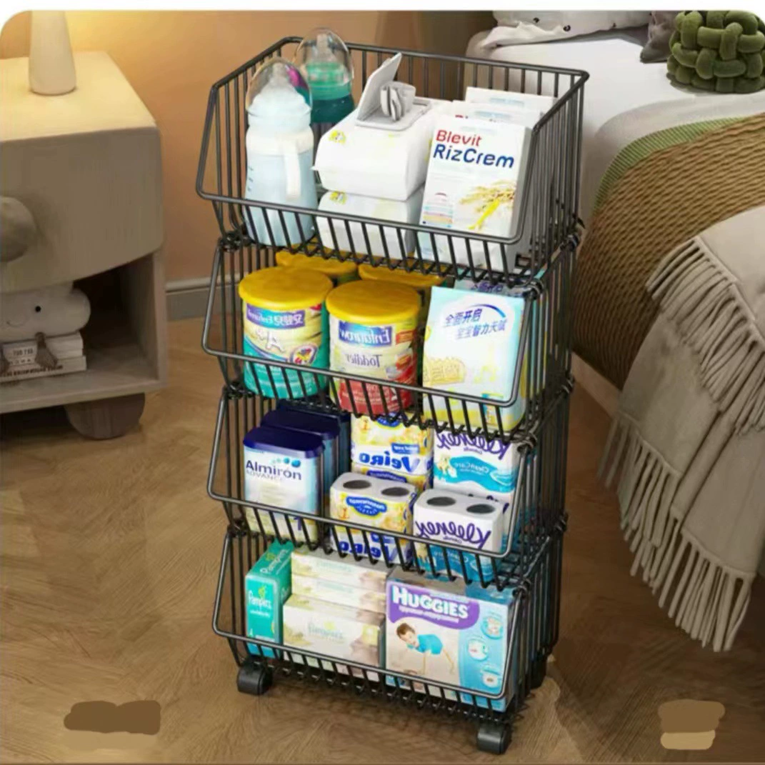 Kitchen Floor Storage Rack, Multi-Layer Wire Basket, Black with Wheels, 3–4 Tier Options
