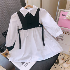 女童連衣裙2023春秋新款女寶寶蝴蝶結拼接裙子兒童休閒連衣裙代發