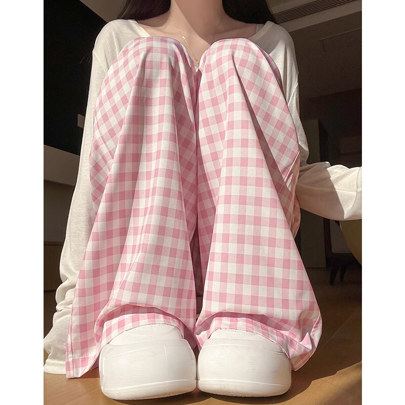 Dopamine Pink Plaid Pants for Women, Spring 2026 New Style, Casual Loose High-Waisted Petite Drapey Wide-Leg Pants