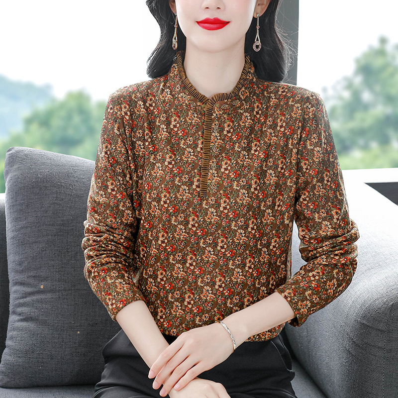 现货秋冬新款女装小立领加厚长袖T恤碎花显瘦打底衫妈妈装上衣|undefined