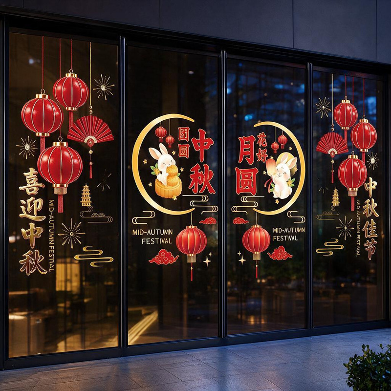 Mid-Autumn Festival and National Day decorative glass door stickers, holiday decorations for companies, stores, and shopping mall windows, electrostatic stickers, atmosphere window decorations Mid-Autumn Festival and National Day decorative glass door stickers, holiday decorations for companies, stores, and shopping mall windows, electrostatic stickers, atmosphere window decorations
