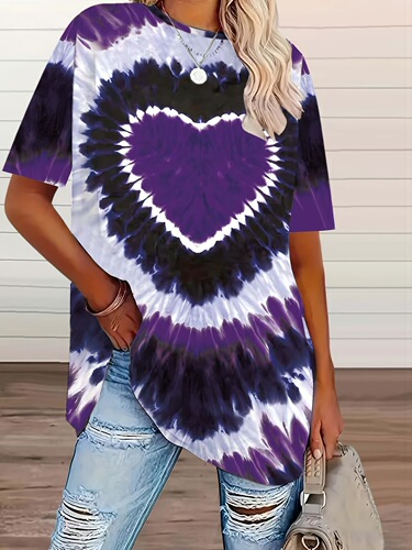 2026 new large size women's tie-dyed love printed T-shirt, spring and summer casual short-sleeved top
