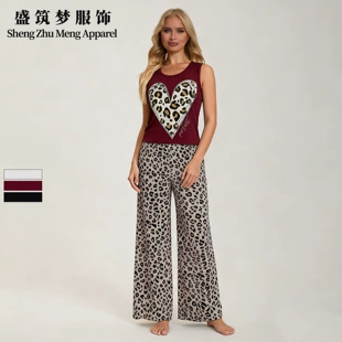 Домашний костюм (Sheng Zhu Meng Apparel) топ и брюки, леопардовый принт, one size