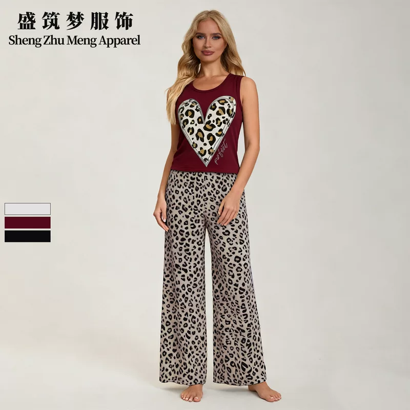 Домашний костюм (Sheng Zhu Meng Apparel) топ и брюки, леопардовый принт, one size