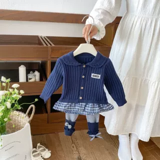 秋季婴幼儿针织套装女童宝宝格子拼接毛衣开衫洋气打底裤两件套