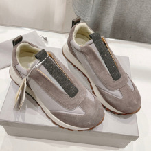 BC麂皮拼接休闲运动鞋牛反绒珠链圆头厚底增高阿甘鞋复古德训鞋女