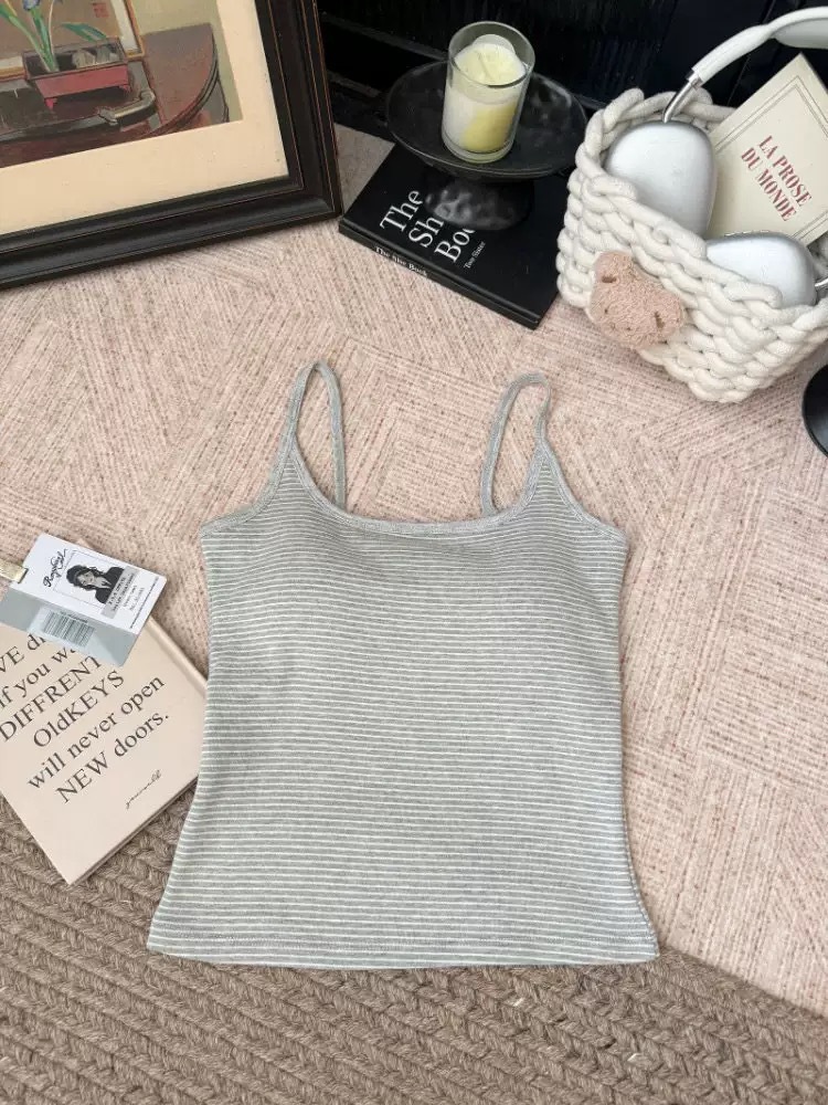 Chica caliente retro chaleco a rayas hongo mujeres primavera y verano nuevo delgado con cojín de pecho top