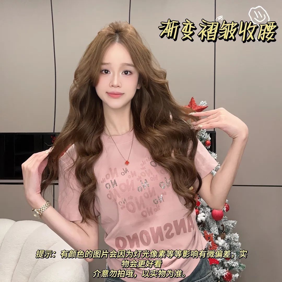Camiseta de manga corta de diamantes calientes de la industria pesada degradada para mujer, el nuevo estilo de verano de Maillard, usa una cintura delgada y elegante, una blusa elegante image 3