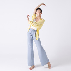 Loose Long-Sleeve Collarless Open-Front Coat Dancewear Tencel Linen Top Straight Pants Practice Suit Set