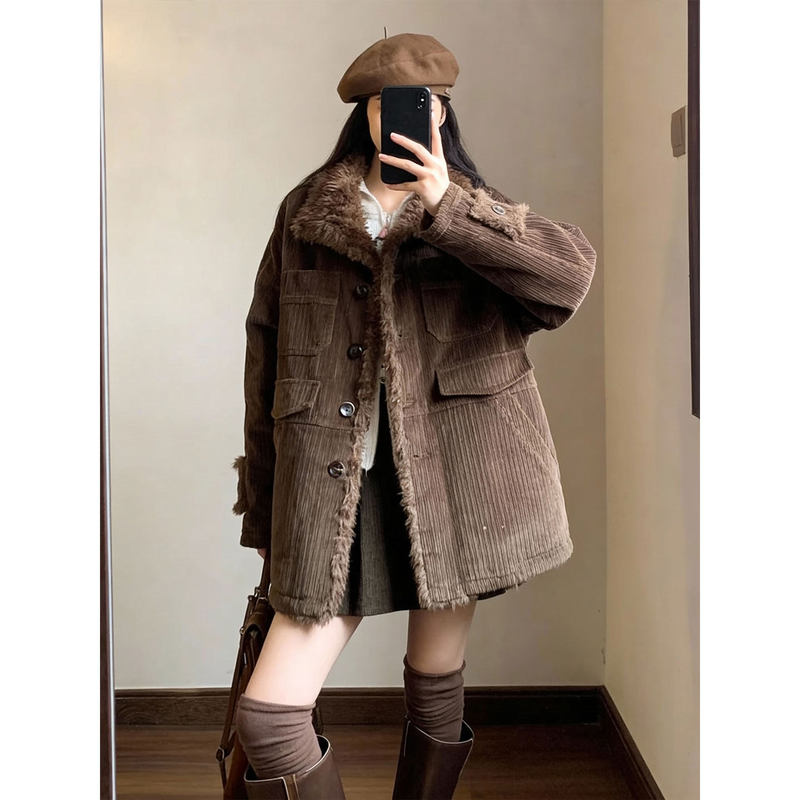 Spring Long-Sleeve Loose-Fitting Korean-Style Niche Heavy-Duty Washed and Distressed Workwear Parka with Thick Fur Collar Cotton Jacket