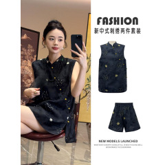 女性用の新しい中国風のツーピーススーツ、夏服、ジャカード刺繍デザイン、ノースリーブベスト、トップスとショートパンツ、気質