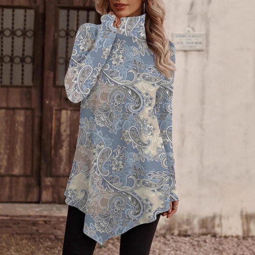 Autumn and winter European and American TEMU independent station new high-necked national style fashionable casual long-sleeved T