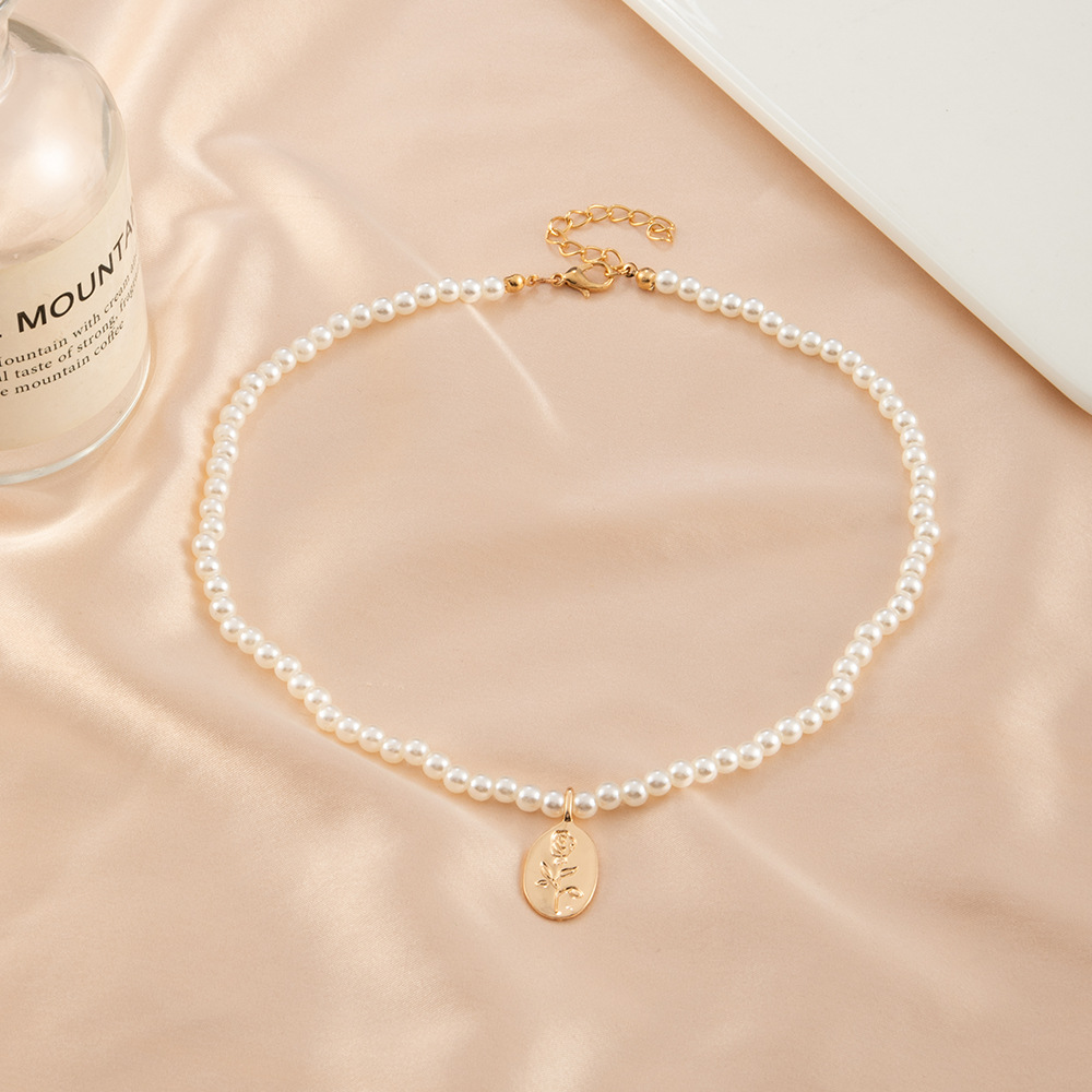 fashion pearl alloy rose flower pendant necklace