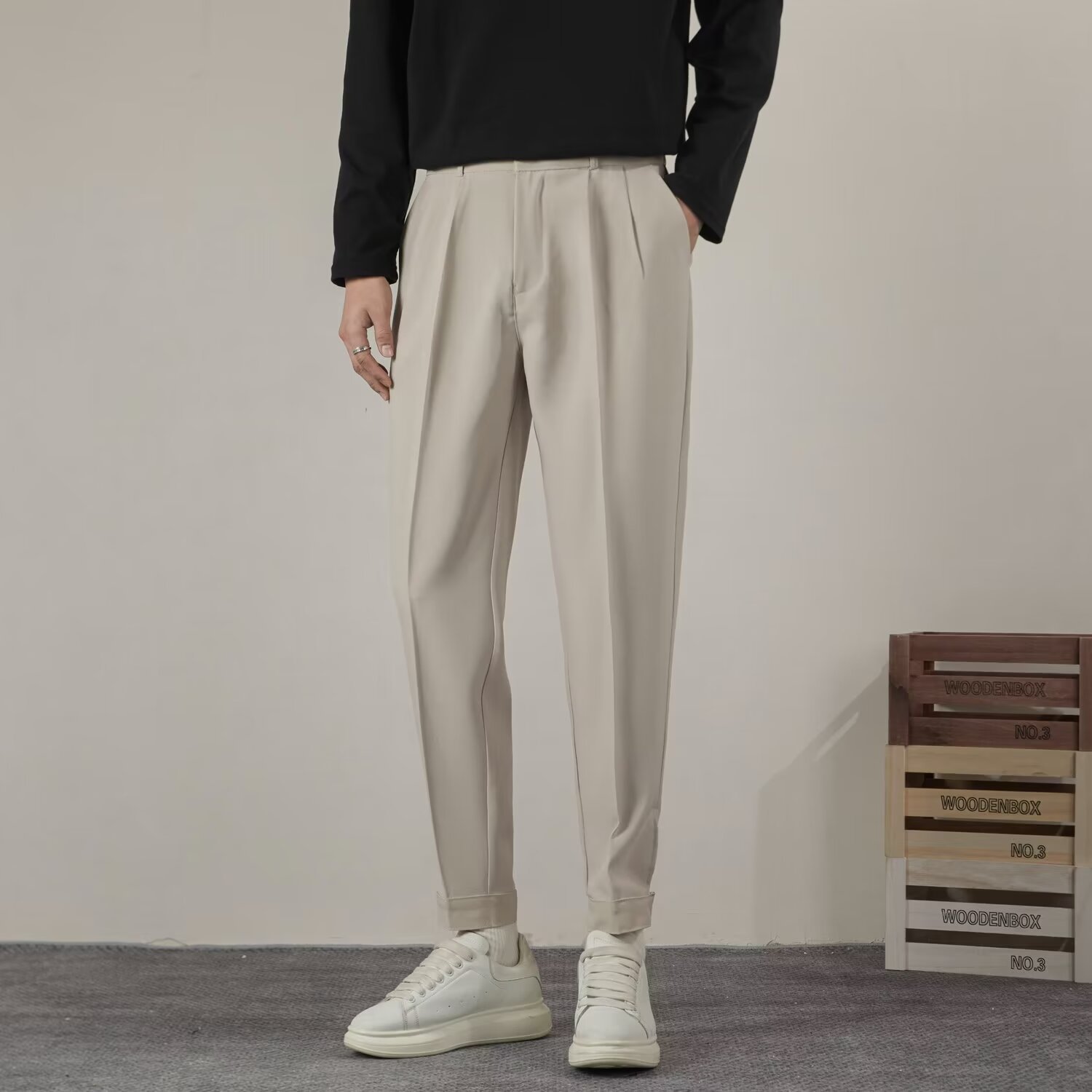 西装裤子男春夏2024新款垂感高腰直筒显瘦宽松开叉休闲烟管哈伦裤