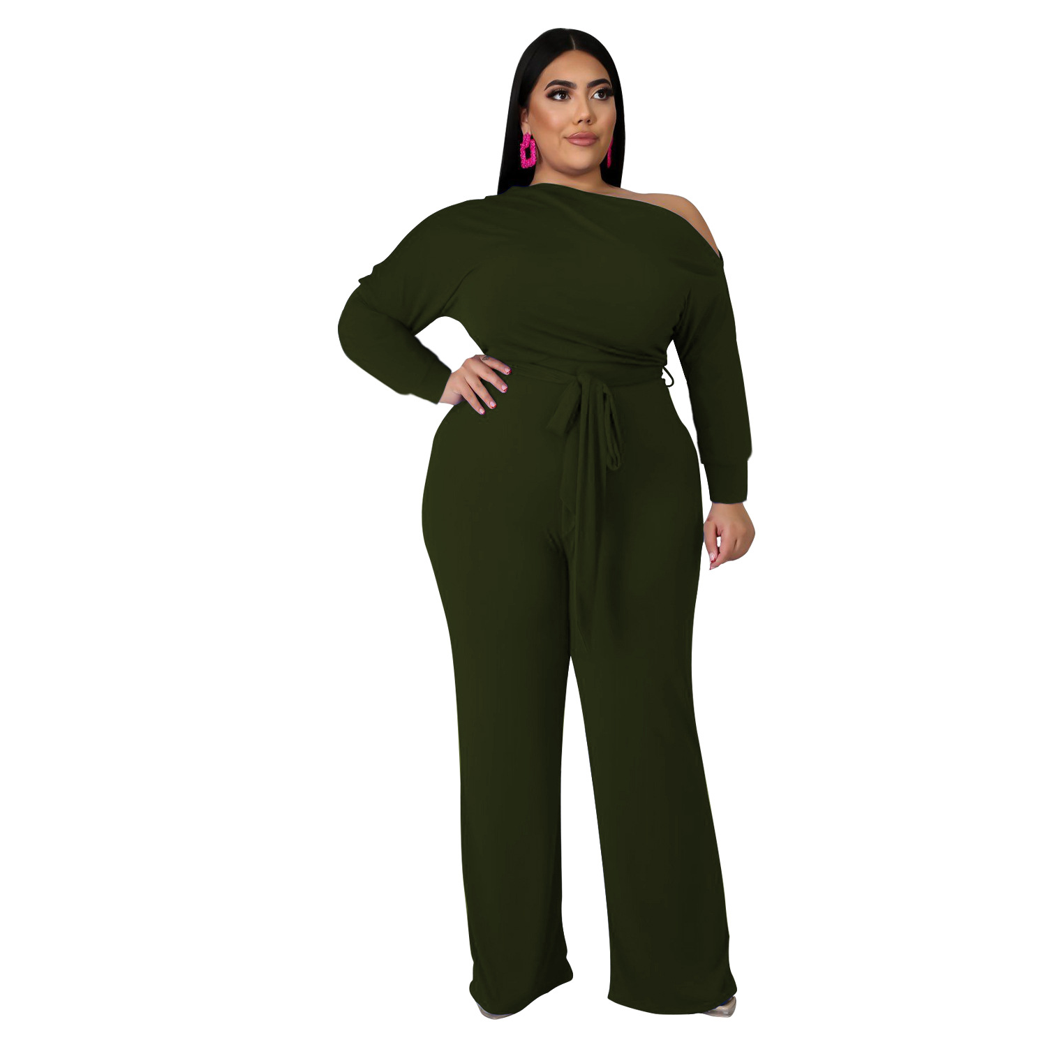 women s plus size solid color strappy shoulder T-shirt flared pants suit nihaostyles clothing wholesale NSBMF80099