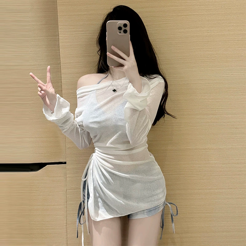 Купальник женский новый синий цвет с красками на галстуках