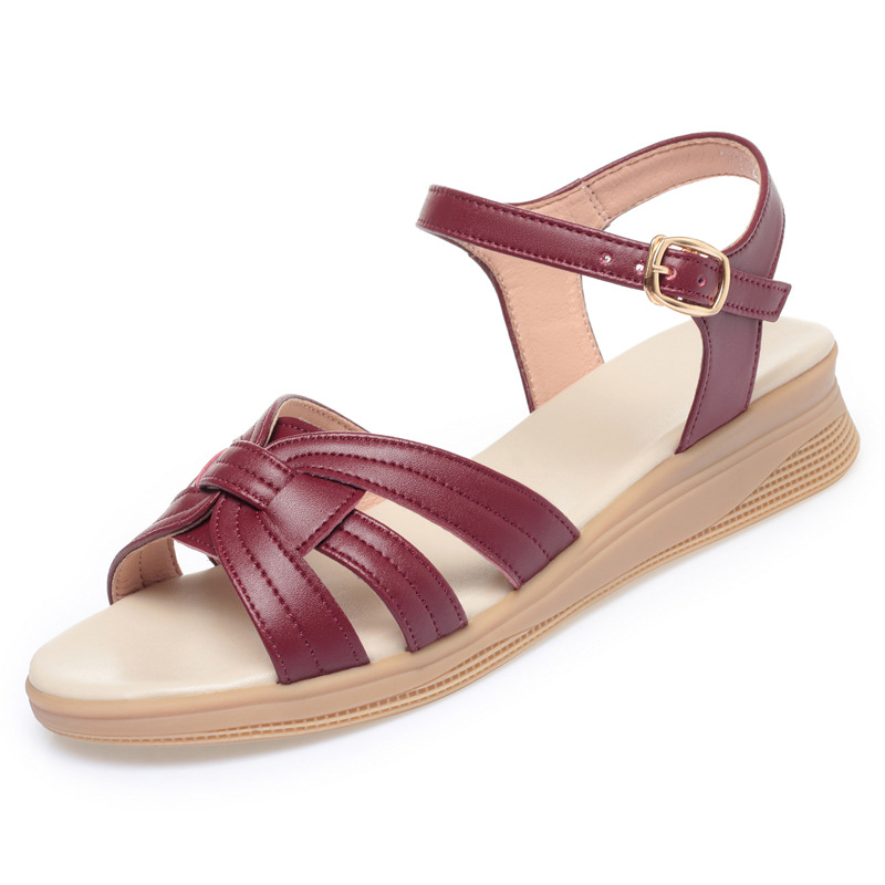 Dép sandal nữ quai chữ V đế mềm chống trơn, thoải mái cho mẹ mùa hè — Đỏ rượu