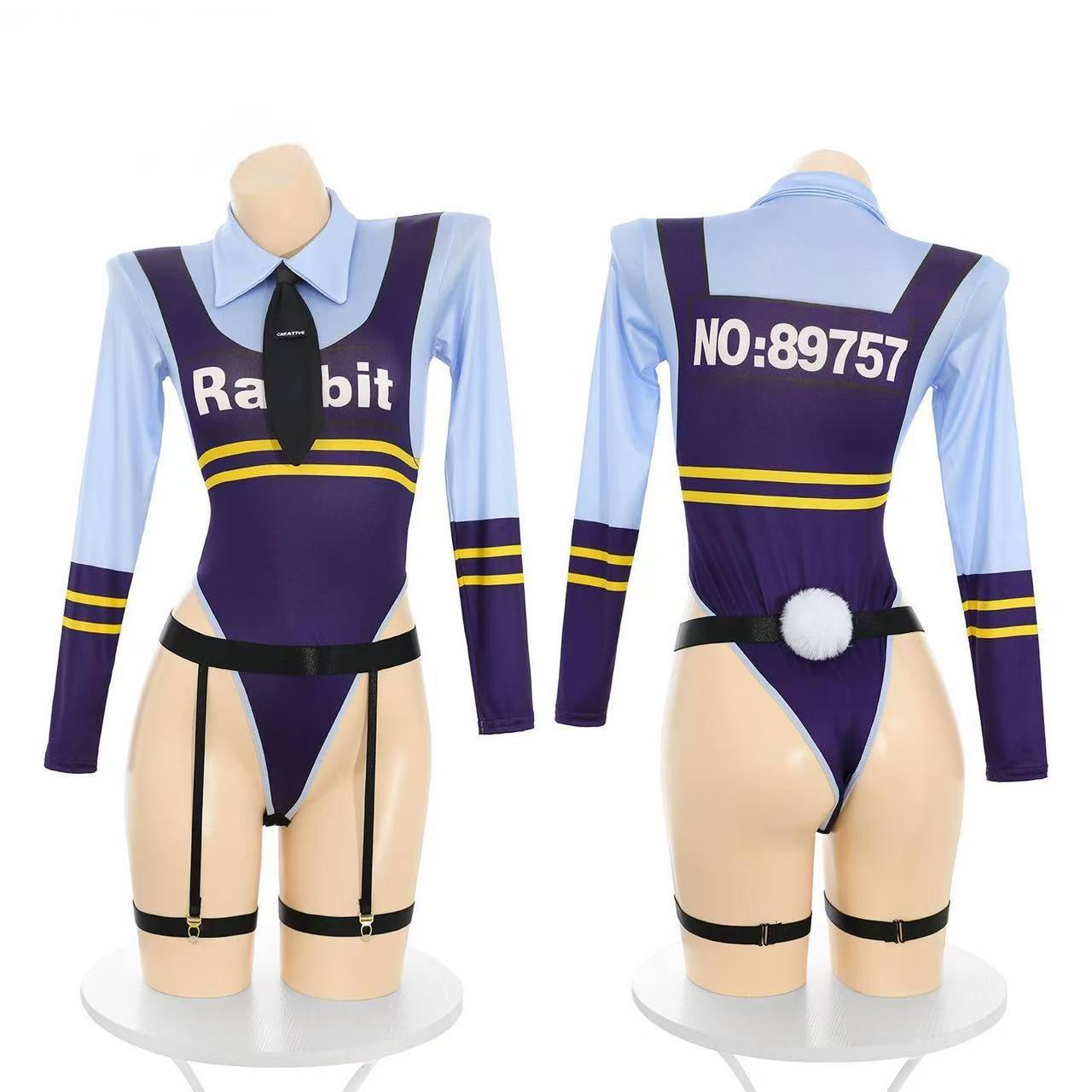 Open-Crotch Bunny Instructor Roleplay Jumpsuit with Ears and Black Stockings — detail image 6
