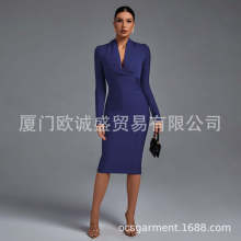 Bandage dress欧美新货女装长袖V领收腰包臀纯色气质绷带连衣裙