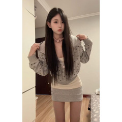 甜美可爱凯迪猫印花复古灰高级感开衫卫衣修身遮肉短裙睡衣套装秋