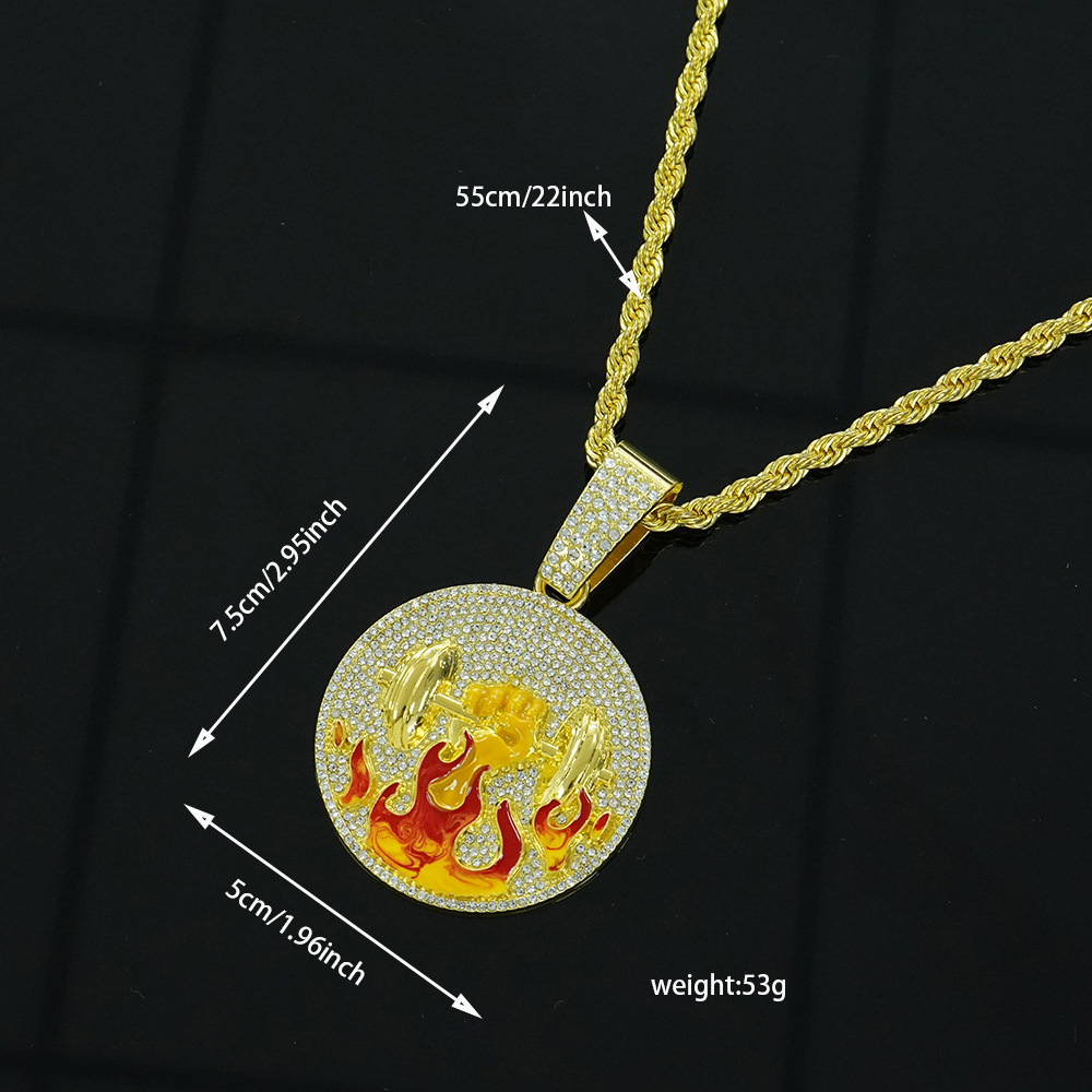 Amazon nuevo hombre hip-hop aleación de diamantes de imitación llama mancuerna colgante deportivo fitness joyería collar tira