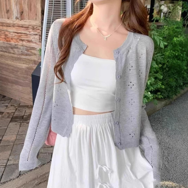 Sweet, Gentle and Cute Little Lace Cut Out Knitted Cardigan for Women Spring and Summer Korean Style Simple Pure Color Long-Sleeved Top