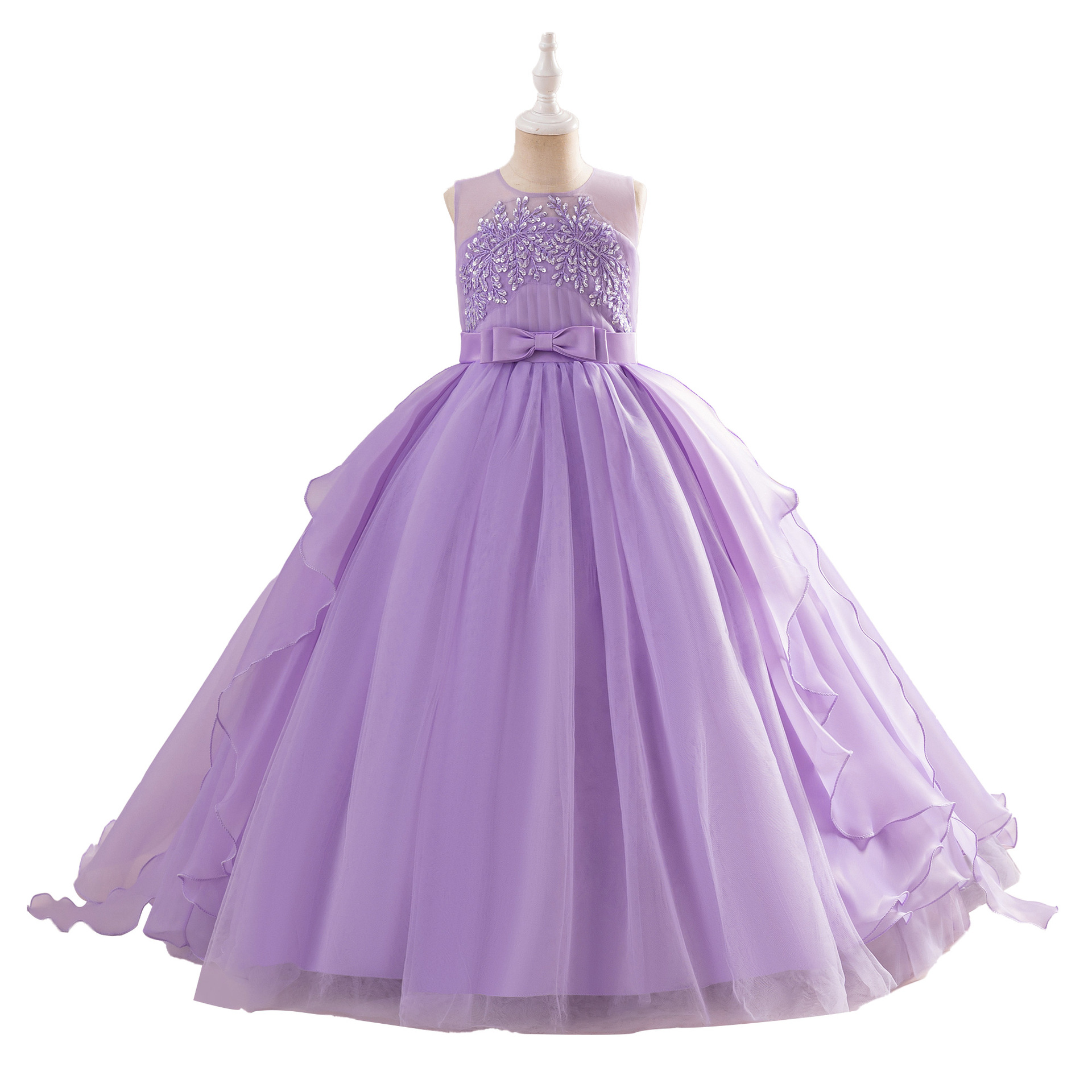 Vestido de princesa para niñas, vestido para actuación de piano, vestido de gasa con cola, vestido sin mangas con cuentas, vestido de pasarela para niñas