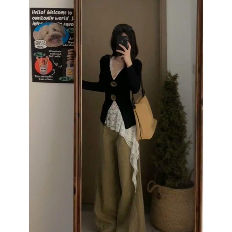 设计感斜边蕾丝吊带叠穿套装女秋氛围感领黑色修身上衣一整套潮|undefined