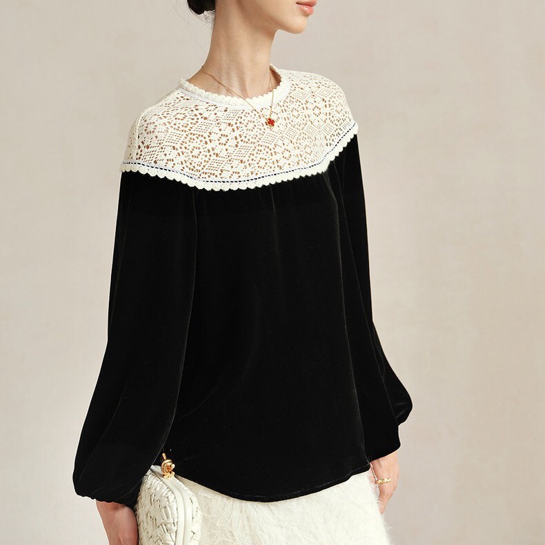 26 Early Autumn New Style Elegant Casual Silk Velvet Patchwork Crochet Lace Long-Sleeved Shirt 11