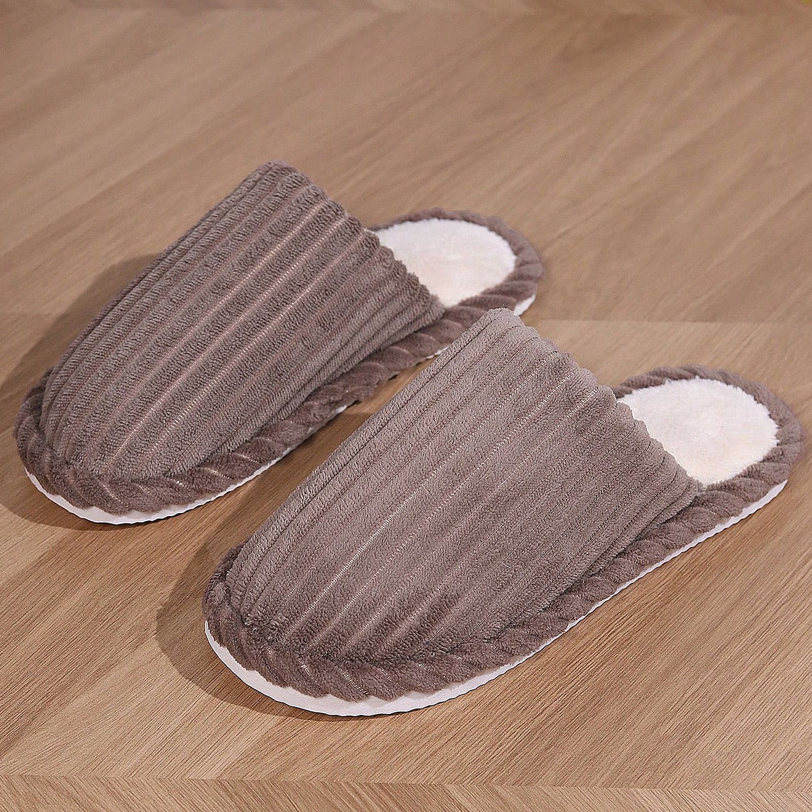 Muebles zapatos de algodón estriados zapatillas de cabello de invierno mujeres vestidas externas antideslizantes interior zapatillas de algodón peludo de fondo grueso image 3