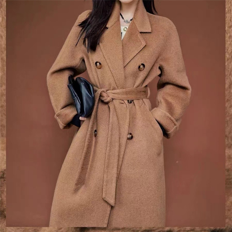 100% Camel Wool High-Quality Double-Sided Cashmere Coat for Women, Classic Designer Style, Double-Breasted with Tie, Warm and Thickened for Winter