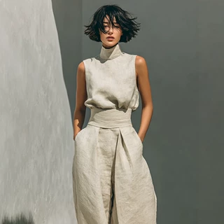 2026欧美春季新款亚马逊纯色气质女士简约棉麻混纺无袖上衣和阔腿