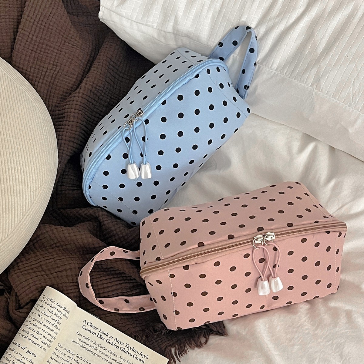 Large-Capacity Polka Dot Makeup Bag with Wide Opening, Portable Travel Storage Bag for Makeup, Toiletries, and Skincare Products
