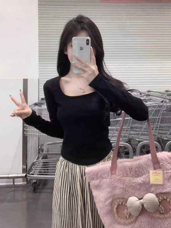 デザインニッチな右肩スクエアカラー長袖Tシャツ、女性用、春、秋、冬用、ショートボトムシャツ、スリムホットガールトップ|undefined
