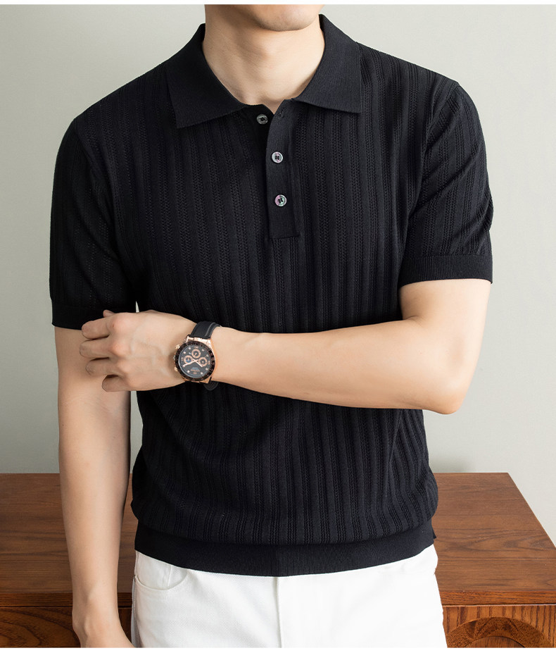 Men's Ice Silk Breathable Polo Shirt Short Sleeve Hollow Out Jacquard Knit Summer Casual Loose Versatile Top_viptrois.com