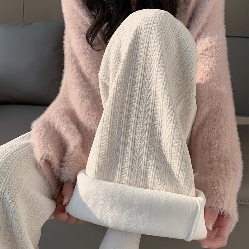 加绒加厚阔腿裤女麦穗秋冬新款高腰垂坠感黑色直筒宽松休闲裤长裤