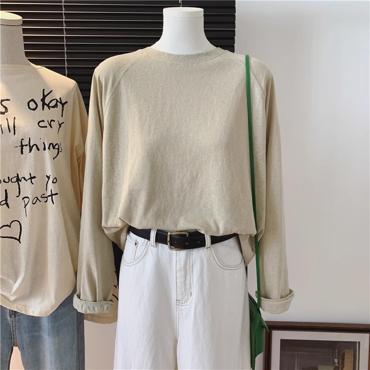 100% Cotton Pure Cotton Raglan Long-Sleeved Round Neck T-Shirt Women's Spring & Fall Loose Casual Top
