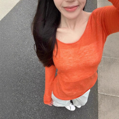 25新休闲气质小清新户外休闲微透修身橙色海边度假风罩衫长袖T恤