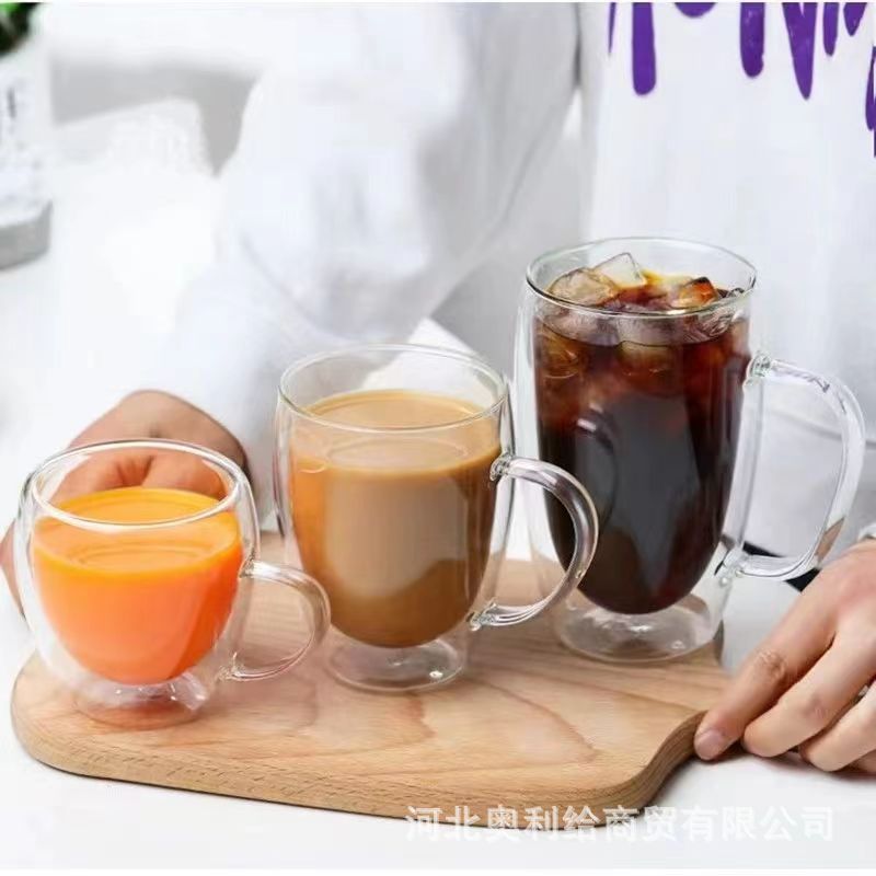 De doble capa de vidrio borosilicato jugo de leche café marca taza de agua oficina del hogar taza de agua transparente con mango