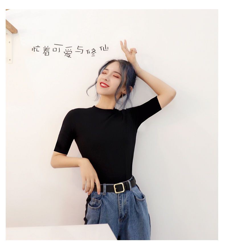 블랙 모달 하프 하이 칼라 티셔츠 스레드 여성용 미드 슬리브 베이스 셔츠 봄과 여름 새로운 5 점 슬리브 타이트 탑