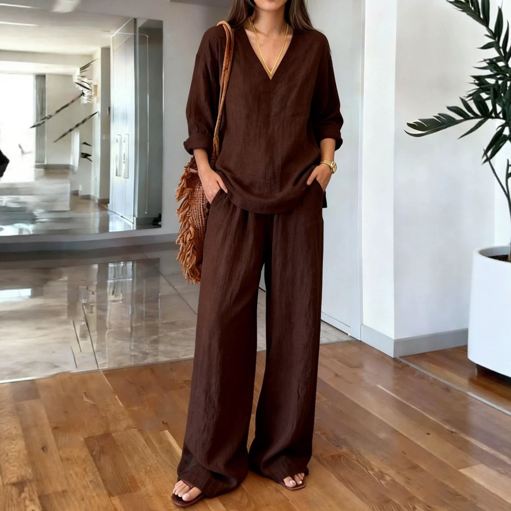 New Women's Casual Washed Cotton Suit V Neck Pullover Long Sleeved Plus Size Length Pants_voghion.com
